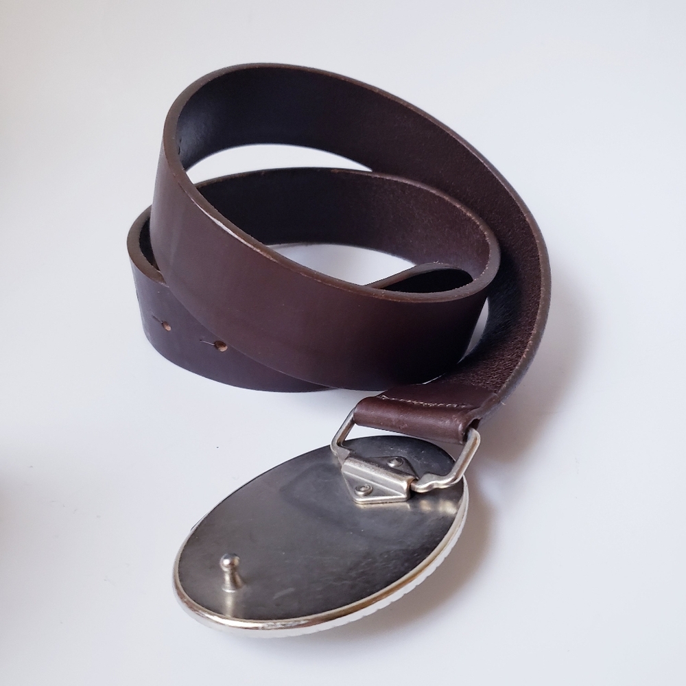 Vintage Abercrombie And Fitch Brown Leather Belt With Large Silver Buckle - Picture 5 of 16